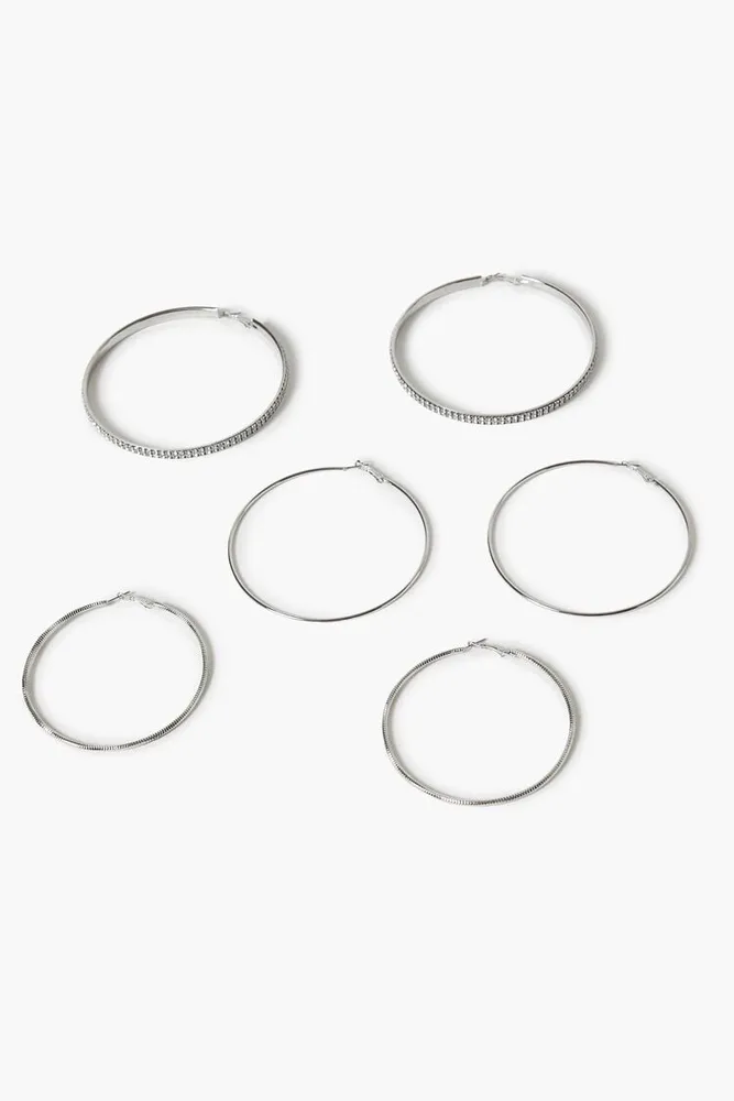 Women's Textured Hoop Earring Set in Silver