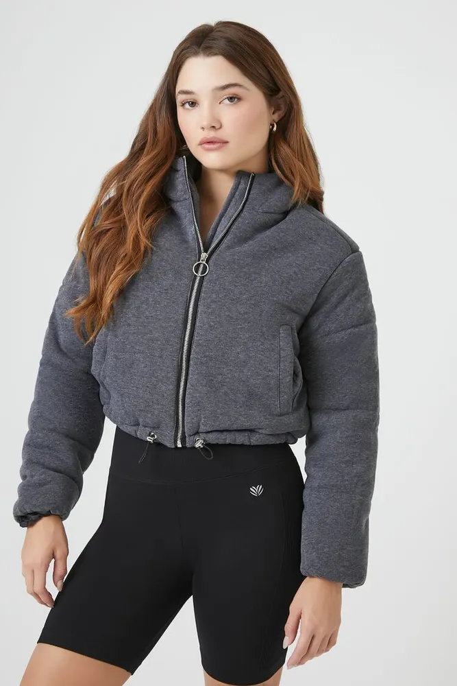 Forever 21 Women's Fleece Quilted Hooded Bomber Jacket in Charcoal