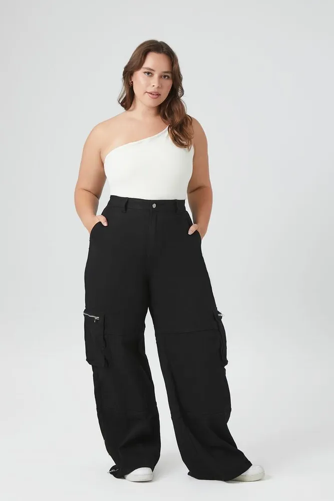 Women's Twill Wide-Leg Cargo Pants in Black, 1X