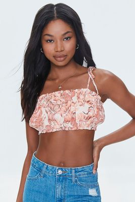 Women's Tropical Floral Print Cropped Cami in Peach Large