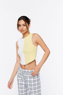 Women's Colorblock Lettuce-Edge Crop Top in Yellow/White Large