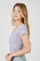 Women's Ditsy Floral Button-Front Crop Top in White/Navy Large