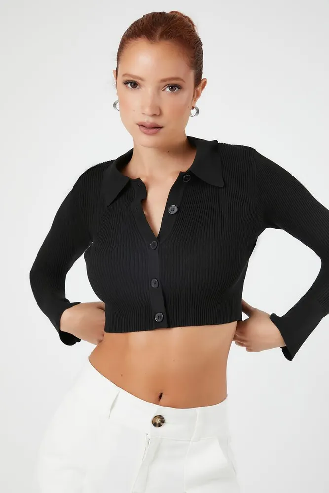 Women's Sweater-Knit Cropped Shirt in Black Medium