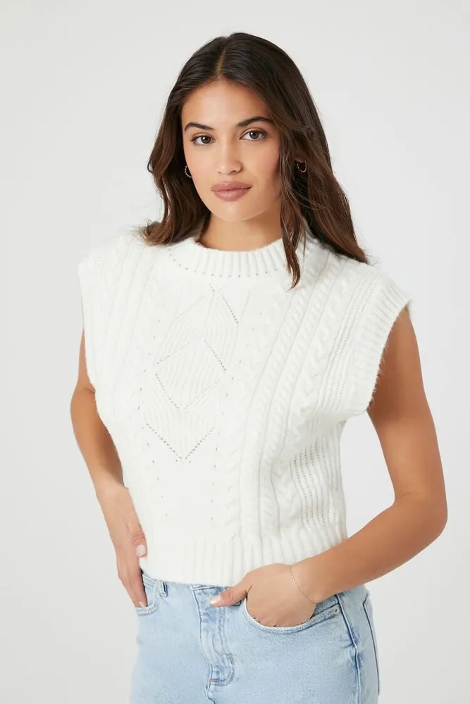 Women's Cable Knit Crew Vest in Vanilla, XS