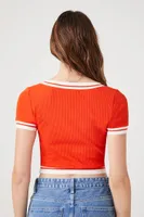 Women's Varsity-Striped Cropped T-Shirt in Fiery Red/Vanilla Medium