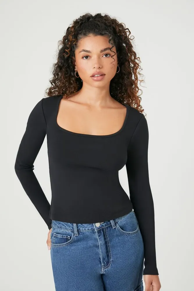 Women's Square-Neck Long-Sleeve Top in Black, XL