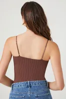 Women's Ribbed Lace-Trim Cami Bodysuit in Chocolate, XS