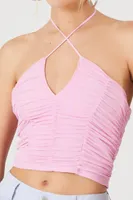 Women's Ruched Halter Crop Top in Dawn Pink Large