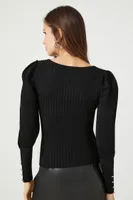 Women's Ribbed Gigot-Sleeve Sweater in Black Large