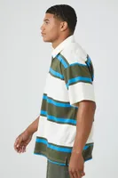 Men Striped Short-Sleeve Polo Shirt in Cream Large