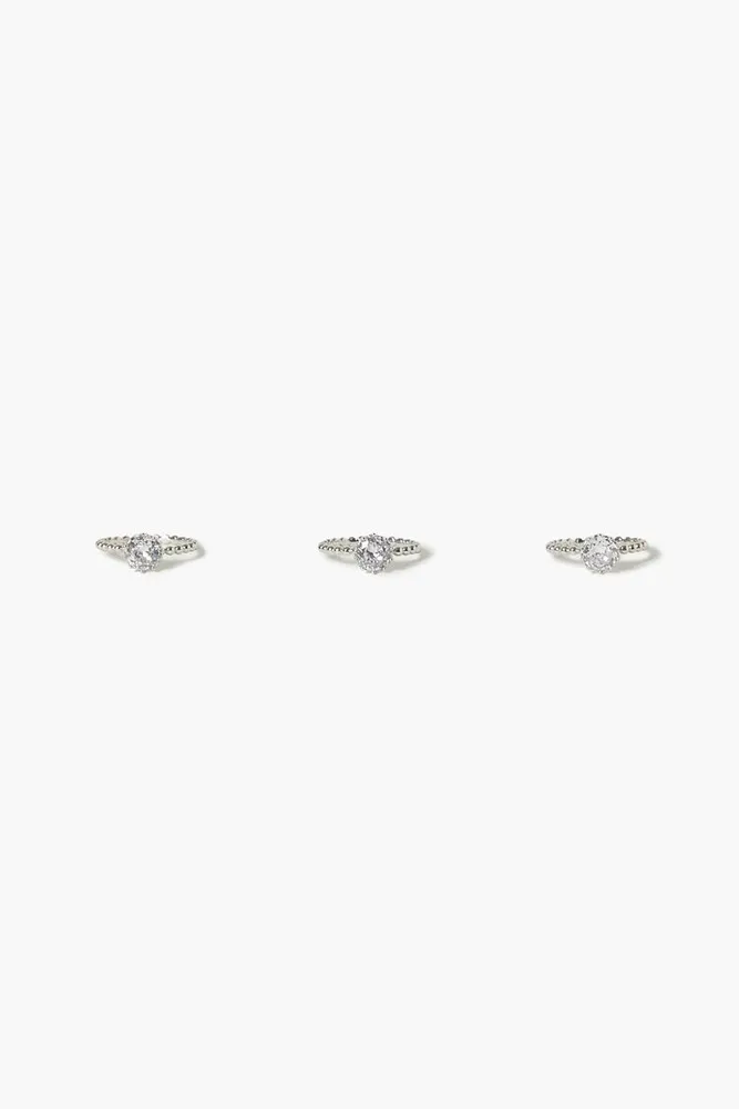 Women's Beaded Faux Gem Ring Set in Silver/Clear, 6