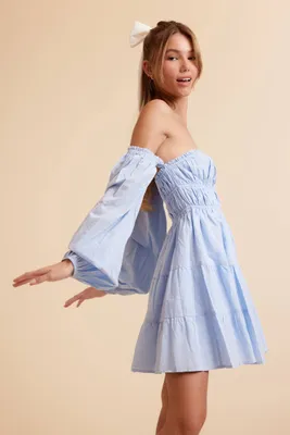 Women's Off-the-Shoulder Babydoll Mini Dress in Light Blue Large