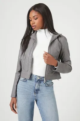 Women's Quilted Faux Leather Moto Jacket in Grey Medium