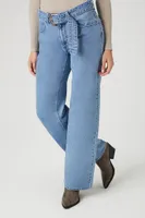 Women's Belted High-Rise Mom Jeans Medium Denim