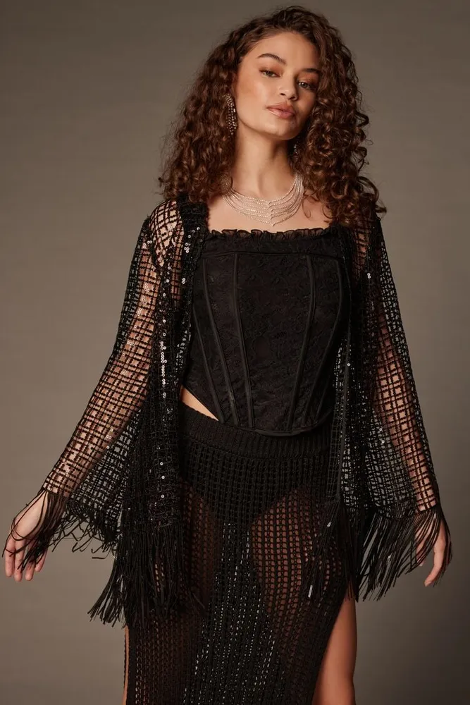 Women's Sequin Open-Knit Fringe Kimono in Black Small