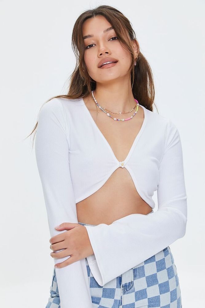 Women's Floral-Button Crop Top in White Small