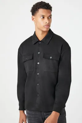 Men Faux Suede Drop-Sleeve Shirt in Black Large