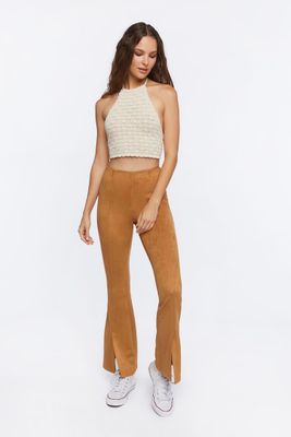 Women's Faux Suede Split-Hem Pants in Tan Large