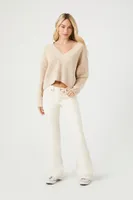 Women's V-Neck Cropped Sweater in Cream, XL