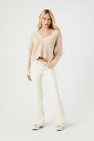 Women's V-Neck Cropped Sweater in Cream Large