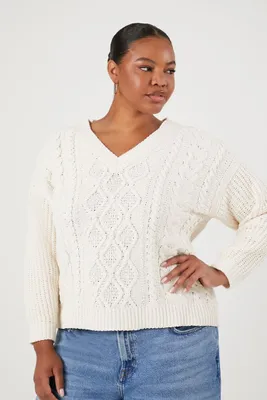 Women's Cable Knit Sweater in Cream, 3X