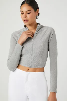 Women's Zip-Up Mock Neck Crop Top in Heather Grey Large