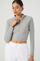 Women's Zip-Up Mock Neck Crop Top in Heather Grey Medium