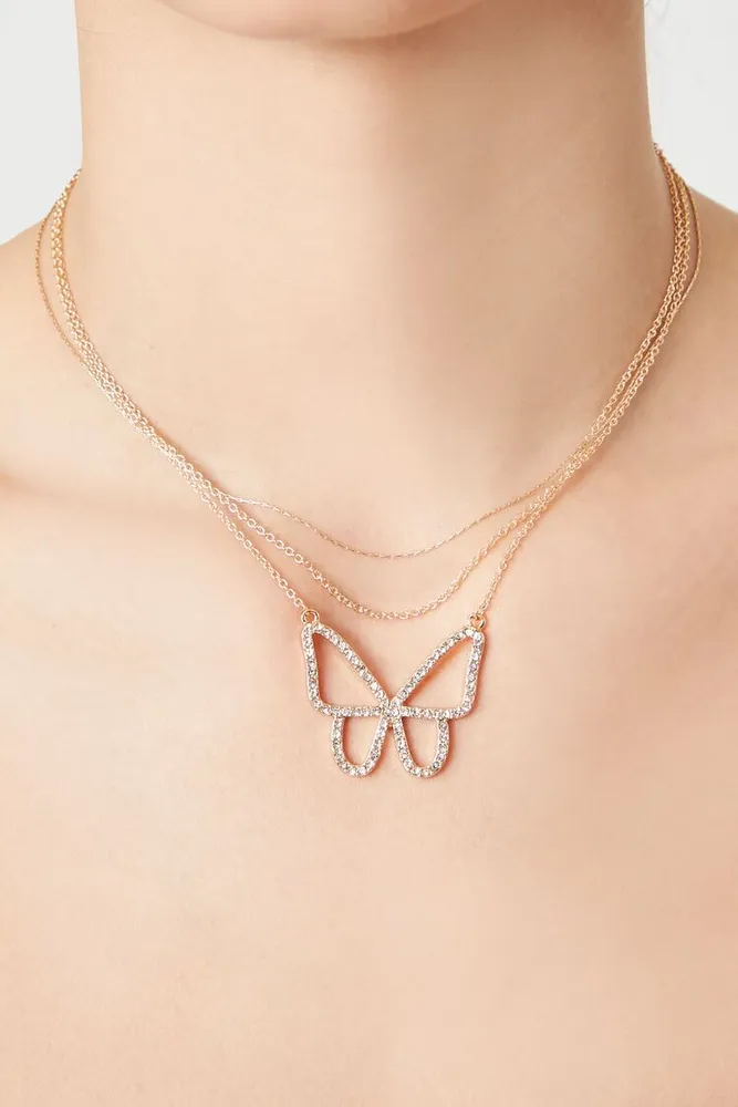 Women's Layered Rhinestone Butterfly Necklace in Clear/Gold