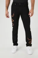 Men Embroidered Snake Slim-Fit Jeans in Black, 32