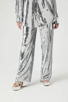 Women's Metallic Sequin Shirt & Pants Set Silver