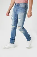 Men Distressed Stone Wash Skinny Jeans Medium Denim,