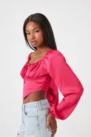 Women's Satin Peasant-Sleeve Crop Top Small