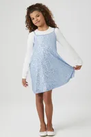 Girls Sequin Dress & Tee Set (Kids) in Blue/Cream, 13/14