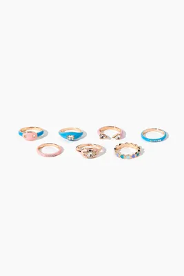 Women's Faux Gem & Rhinestone Enamel Ring Set in Pink/Blue, 7