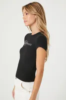 Women's Rhinestone California Cropped T-Shirt in Black/Silver Small