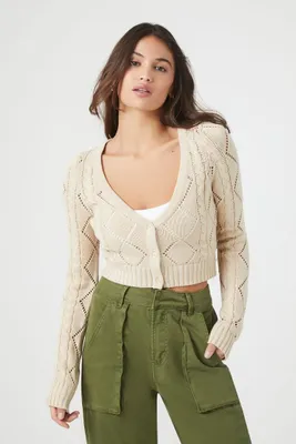 Women's Cropped Pointelle Cardigan Sweater in Oatmeal Large