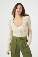 Women's Cropped Pointelle Cardigan Sweater in Oatmeal Medium