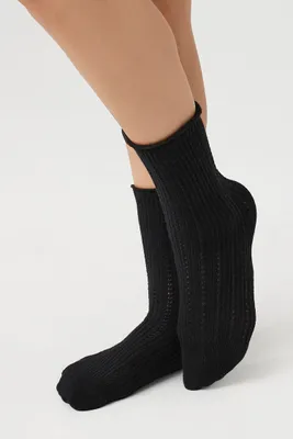 Pointelle Knit Crew Socks in Black