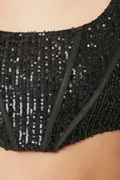 Women's Sequin Corset Crop Top in Black Large