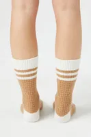 Waffle Knit Varsity-Striped Crew Socks in Tan