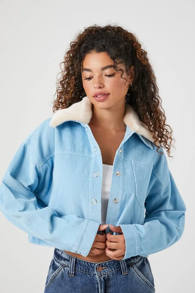 Women's Corduroy Cropped Trucker Jacket in Sky Blue Small