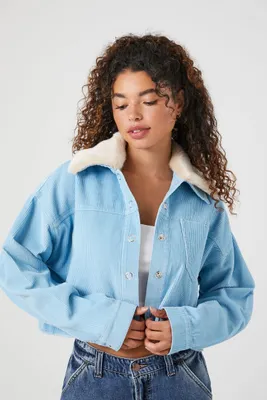 Women's Corduroy Cropped Trucker Jacket in Sky Blue Large