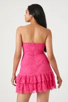 Women's Lace Sweetheart Ruffle-Trim Dress in Hot Pink Medium