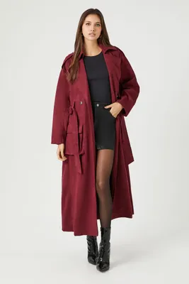 Women's Belted Faux Suede Trench Coat in Wine Medium