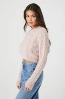 Women's Cropped Cable Knit Sweater in Pink Small