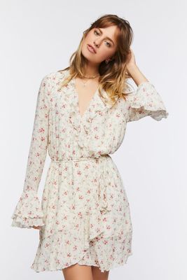 Women's Chiffon Floral Print Mini Dress in Ivory Small