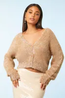 Women's Metallic Knit Crop Cardigan in Tan Large