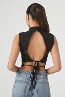 Women's Ribbed Knit Cutout Tie-Back Crop Top