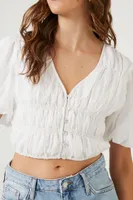 Women's Shirred Puff-Sleeve Crop Top in White Large