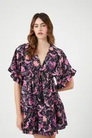 Women's Floral Print Ruffle Mini Dress in Black Large